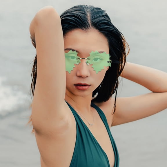 OULII Frameless Green Party Sunglasses Rimless Leaf Shape Rave Glasses for Adults