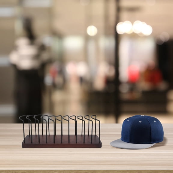 OULII Wood Hat Display Stand for Baseball Caps with Vertical Storage and Iron Support in Brown