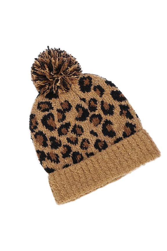 Women's Winter Warm Knitted Wool Hat Leopard Print Soft Brown Beanie Cap 1PC 1.97inch