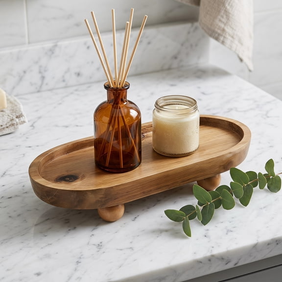 OULII Light Brown Wooden Display Tray, Decorative Organizer Tray for Keys, Jewelry, Cosmetics, Vanity, Entryway and Home Decor