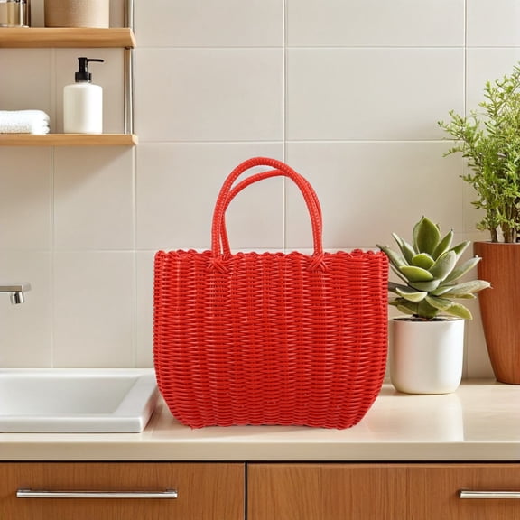 OULII Orange Plastic Vegetable Basket with Rustic Handcrafted Design, Home Storage Organizer for Kitchen and Pantry