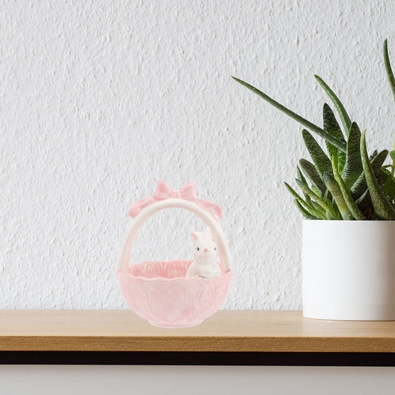 OULII Pink Ceramic Easter Bunny Basket Decoration with Fine Craftsmanship for Party and Home Display