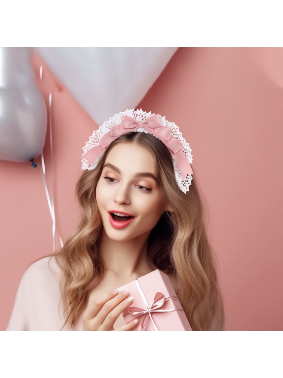 Pink Lace Bow Headband Lolita Fashion Hair Accessory for Cosplay and Celebrations