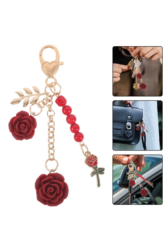 Red Rose Flower Keychain - Durable Alloy and Resin Handbag and Car Charm 4Pcs