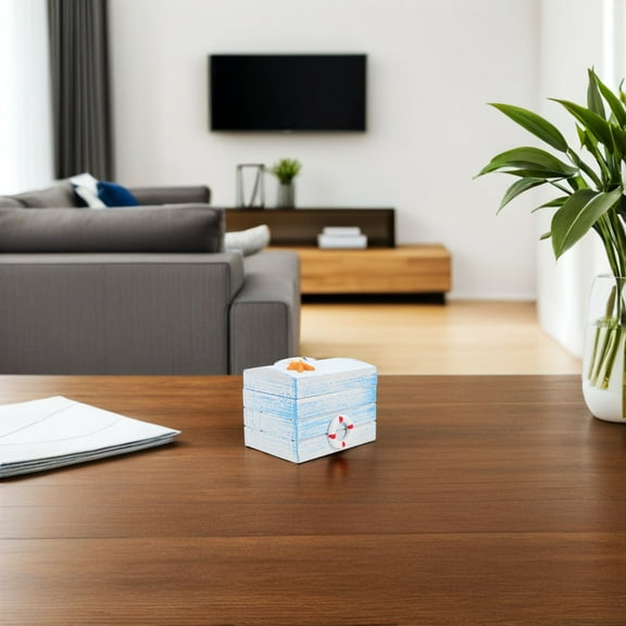 OULII Decorative Nautical Storage Chest Small Wooden Box with Ocean Inspired Design