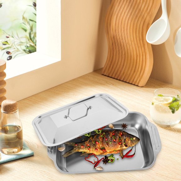 OULII Plated Silver Stainless Steel Baking Sheet Rectangular Fish Grill Tray for Outdoor Use 1Set