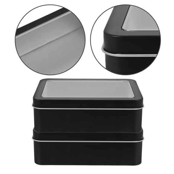 OULII Set of 4 Black Rectangular Metal Storage Tin Boxes with Clear Window Lids for Organizing Small Items