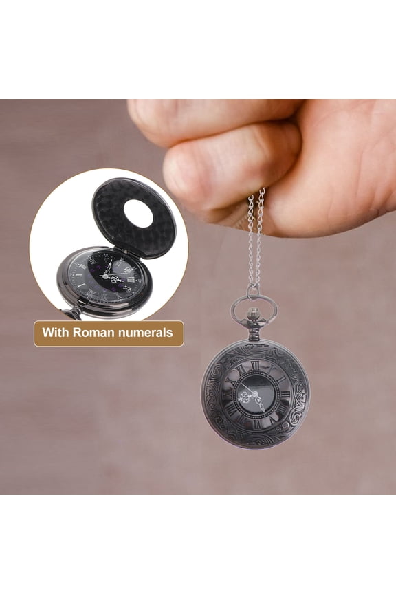 Unisex Pocket Watch Black Stainless Steel Roman Numerals Quartz Analog Steampunk
