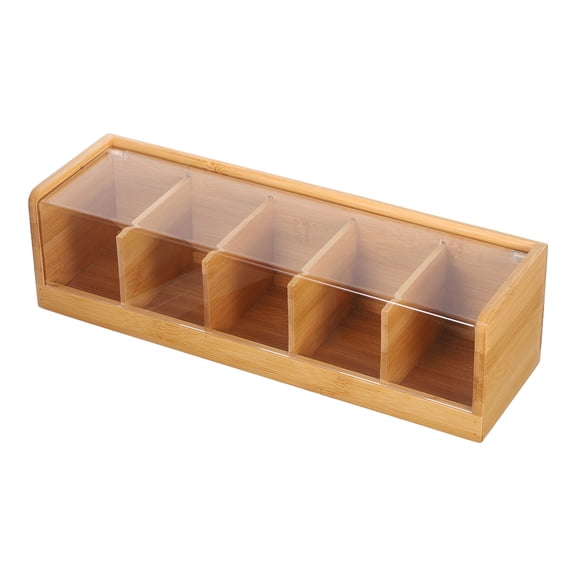 OULII Khaki Wood Tea Storage Organizer Box with Divided Compartments and Transparent Lid
