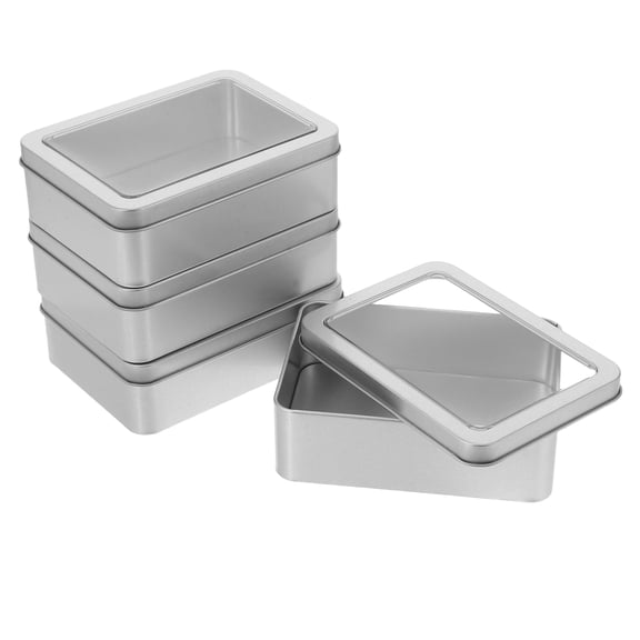OULII 4Pcs Plated Silver Tinplate Cookie Box with Clear Window Lid Rectangular Metal Storage Tin