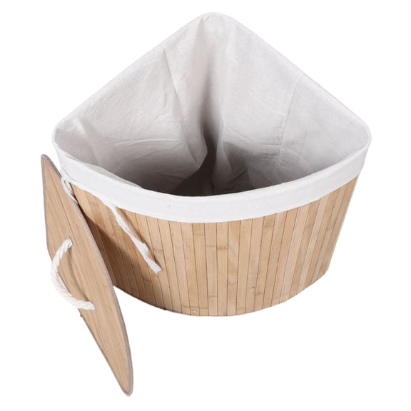 OULII Bamboo Lidded Corner Hamper, Beige, Triangle Shape for Bedroom and Bathroom, Discreet Storage