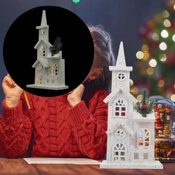 OULII LED Lighted Wooden Castle Xmas Tabletop Decoration for Festive Joy