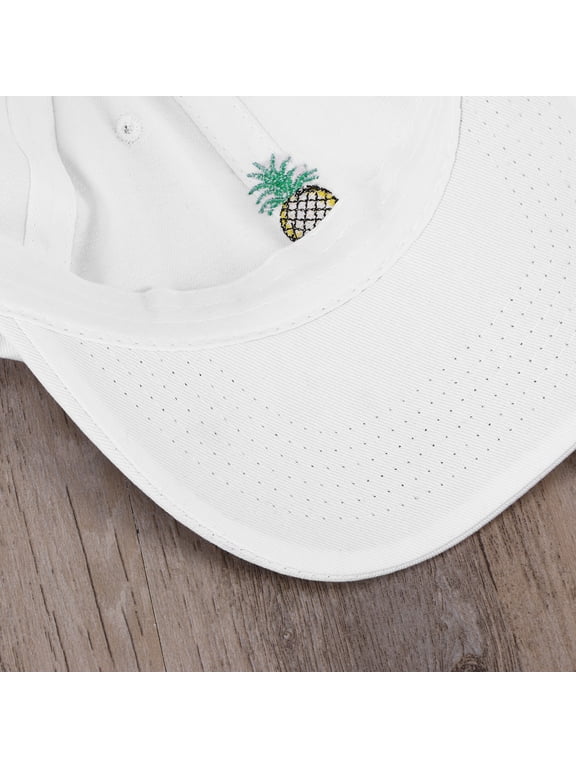 White Low Profile Baseball Hat with Pineapple Embroidery and Adjustable Buckle Closure for Men and Women