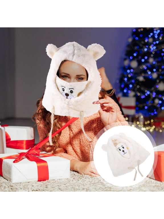 White Plush Bear Hat with Ear and Face Winter Warm Animal Hat