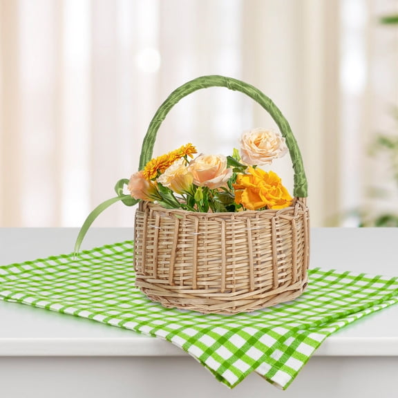 OULII Green Willow Woven Basket with Ribbon Handle for Wedding Decoration and Candy