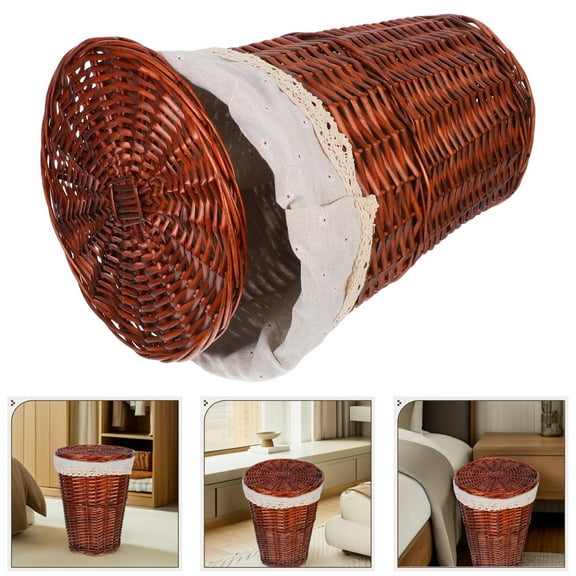 OULII Natural Aesthetic Woven Hamper for Bedroom Brown Wicker Trash Can 1Pcs