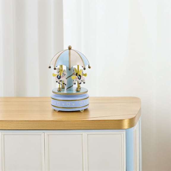 OULII Wooden Rotating Music Box Sky Blue Carousel with Soothing Music for Decor