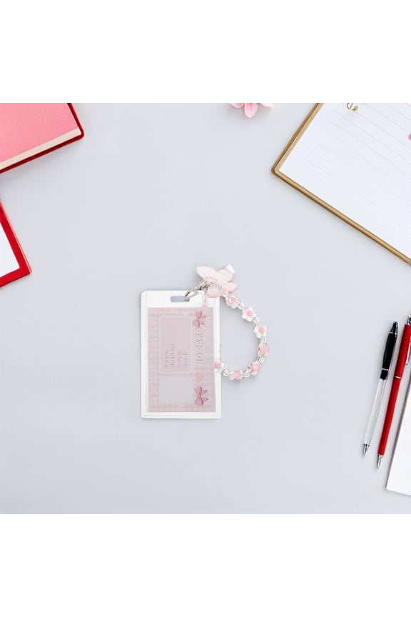 1Set Clear Badge Protector ID Card Holder with Butterfly Keychain in Pink for Office and School Use