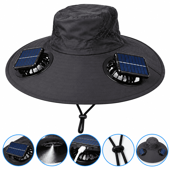 OUMASK Unisex Bucket Sun Hat with 2 Detachable Misting Fans, Solar and Usb Powered, Black, One Size