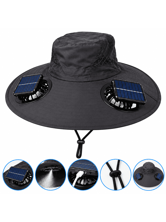 Unisex Bucket Sun Hat with 2 Detachable Misting Fans, Solar and Usb Powered, Black, One Size