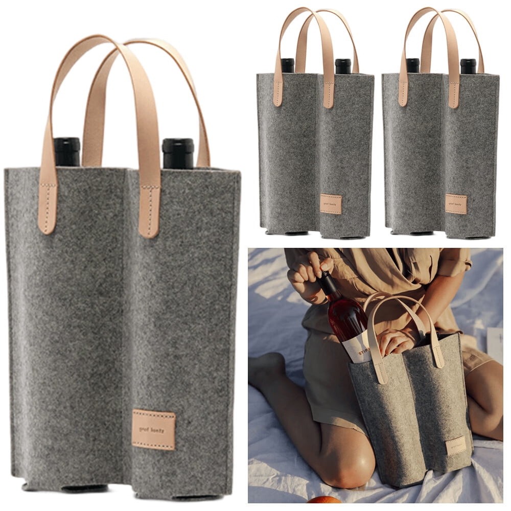 OUNAMIO 2 Bottle Insulated Wine Tote Bag, Felt Wine Carrier Travel Padded Cooler Bag, Perfect ...