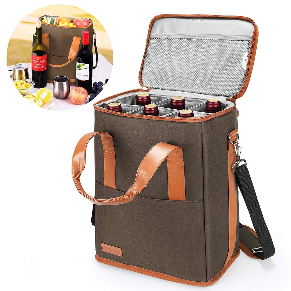 OUNAMIO 6 Bottle Insulated Wine Tote Bag, Wine Carrier Travel Padded Cooler Bag with Shoulder ...