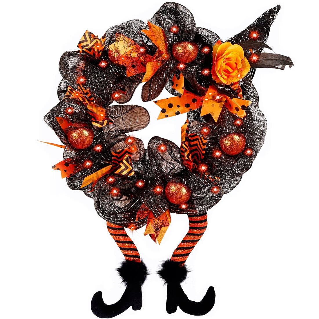 OUNAMIO Halloween Wreaths Decor Witch Hat Legs Wreath with LED Orange