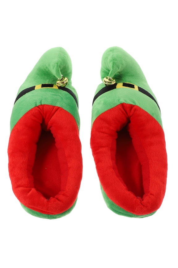 OUNONA 1 Pair Christmas Slippers Elf Green Plush Non-slip Mute Warm for Adults Kids Family Indoor Use