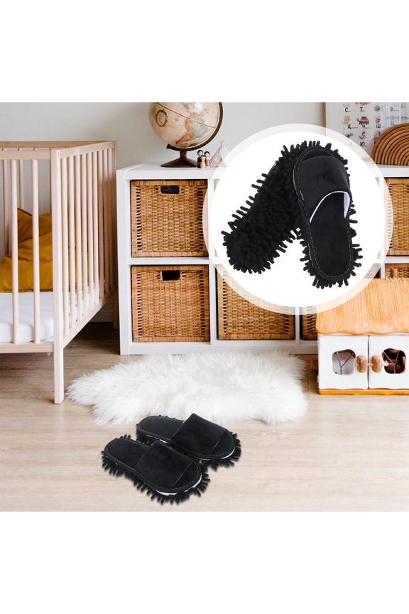 1Pair Black Mop Slippers for Floor Cleaning with Chenille Bottom Soft Indoor Dusting Shoes