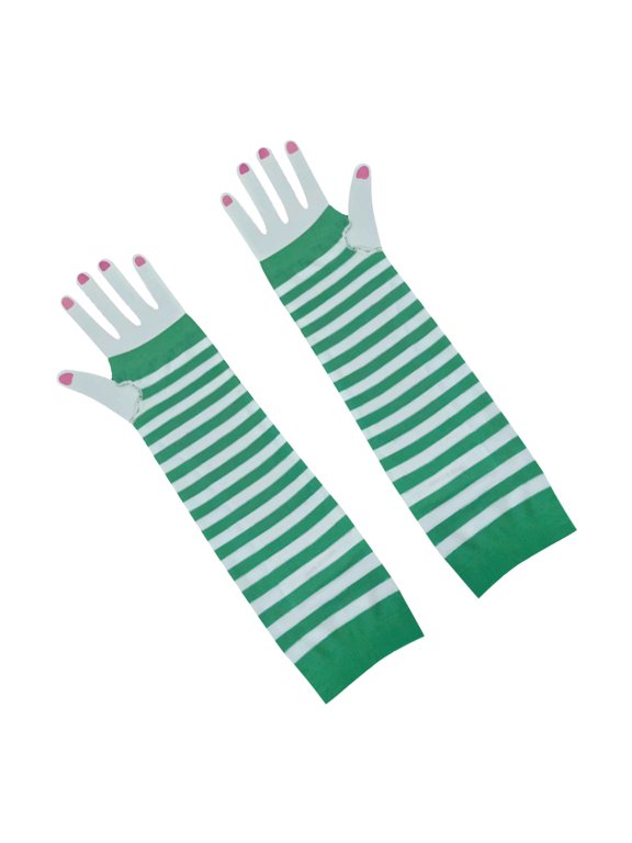 1 Pair Gloves Fancy Dress Green White Striped Sleeve