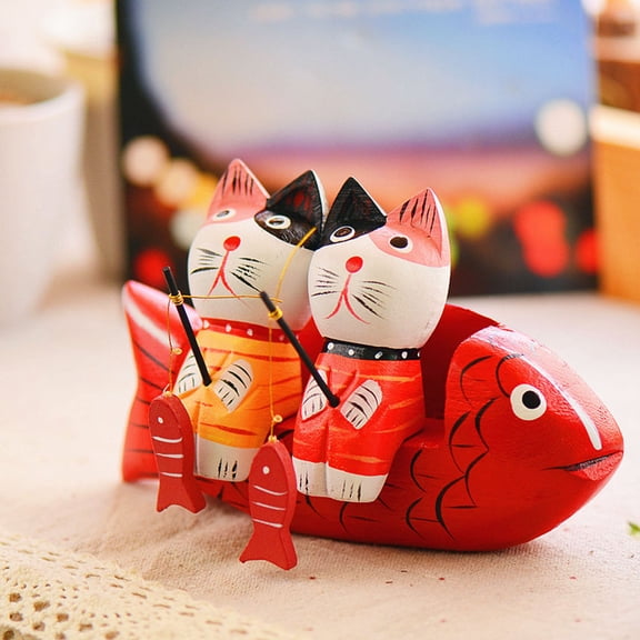 OUNONA 1 Set Creative Wooden Cartoon Couple Crafts Mini Bench Fish Desktop Ornaments for Home Bedroom Office Decoration