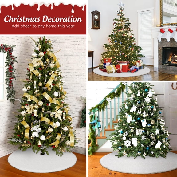 OUNONA White Plush Christmas Tree Skirt Mat with Easy Secure Closure for Festive Under Tree Decoration
