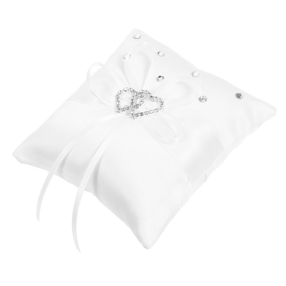 NUOLUX White Satin Ring Pillow Double Heart Rhinestone for Wedding Ceremonies