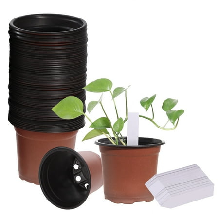 OUNONA 100PCS Lightweight Plastic Plant Flower Pots Nursery Seedlings Pot Container Starting Pots and 100PCS Plants Tags