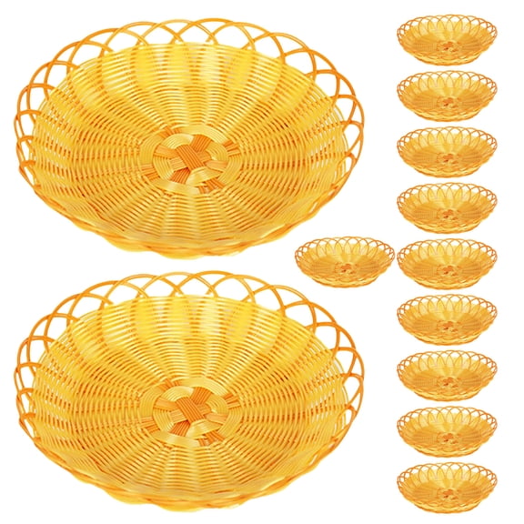 OUNONA 12Pcs Khaki Plastic Woven Basket Round Simulation Rattan Fruit Bowl for Kitchen Storage