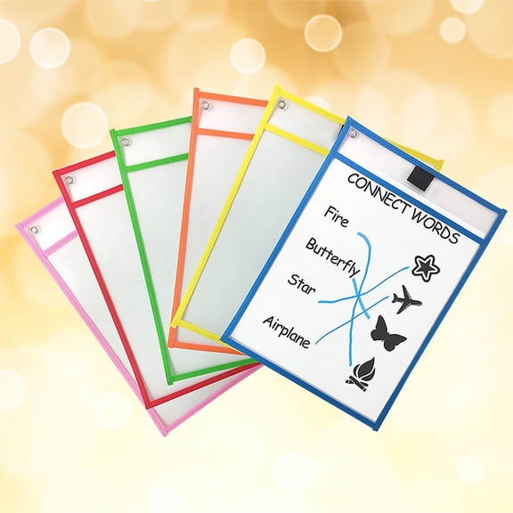 OUNONA 12Pcs Scrubbed Dry Erase File Pockets with Marker Holder and Metal Grommet Assorted Colors