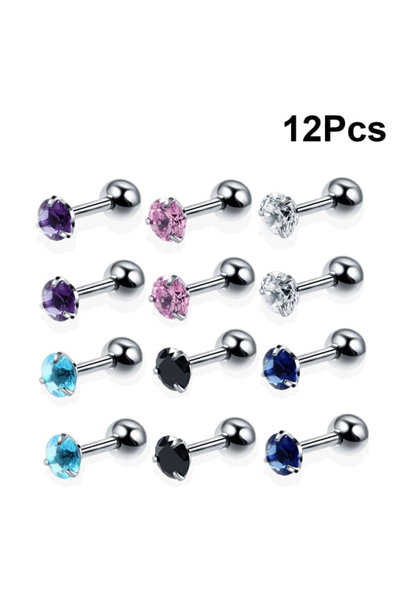 12pcs Stainless Steel Barbell Earrings Set for Ear Cartilage, Tragus, Helix Piercing - Multicolor Assorted Jewelry