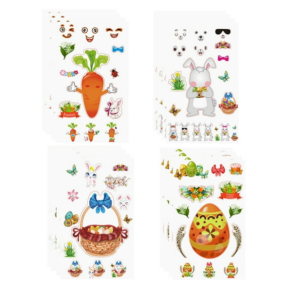 OUNONA 16 Sheets Easter Decal Rabbit Sticker Kids Easter Party Favor Fun Craft Project(Easter Eggs + Rabbit + Basket + Carrot 4 Sheets For Each Pattern)