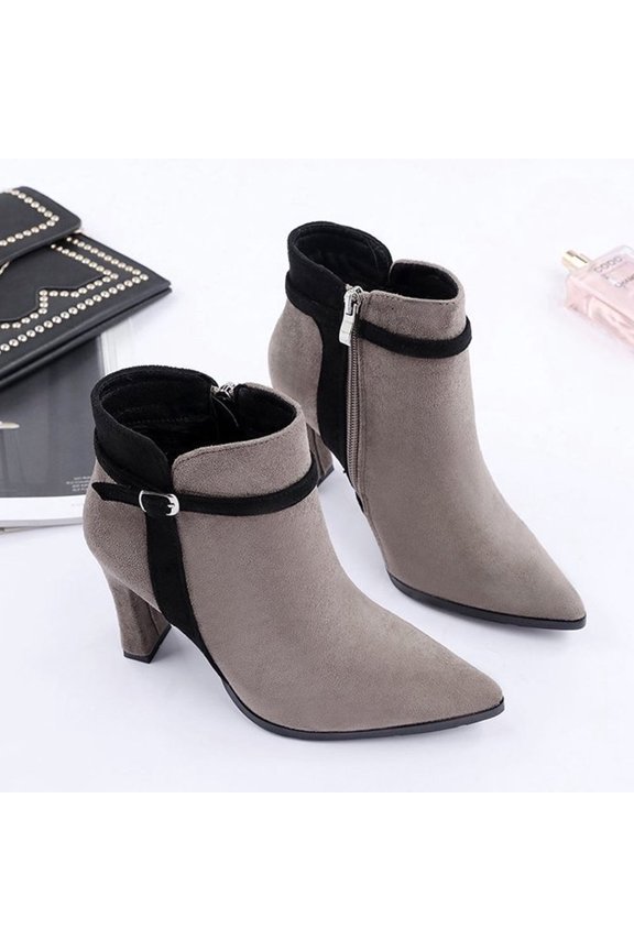 1Pair Female Side Zipper Boots Light Grey Suede Ankle Boots with Comfortable Chunky Heel