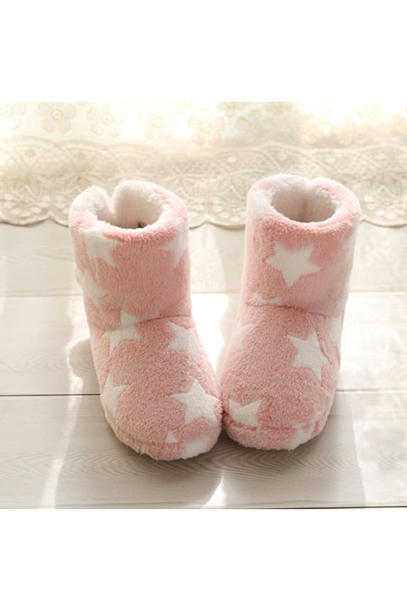 1Pair Pink Plush Winter Warm Boots with Star Pattern and Fuzzy Balls Cozy Ankle Bootie Slippers