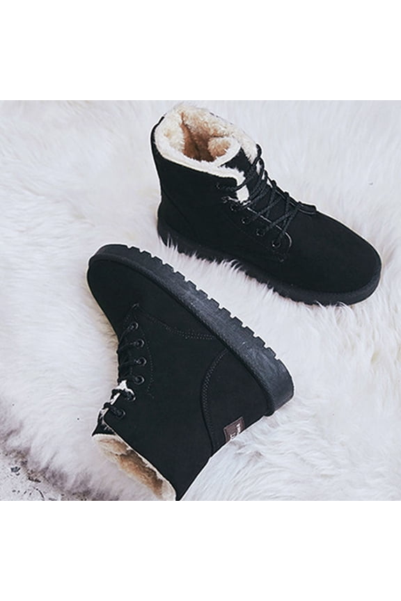 1Pair Winter Warm Boots Black Lace-Up Cotton Snow Boots with Non-Skid Sole