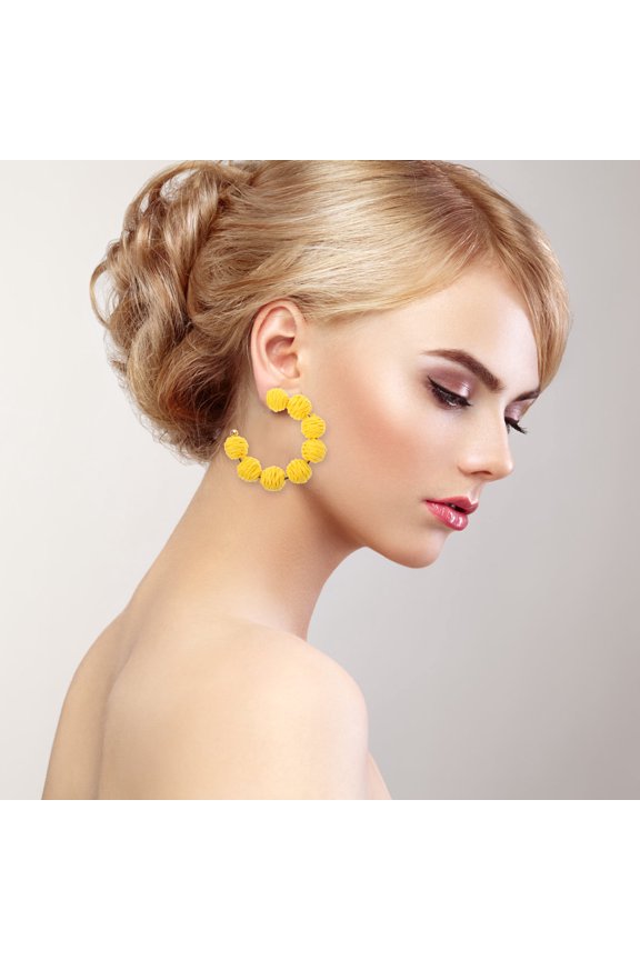 1Pair Yellow Raffia Dangle Earrings Lightweight Sturdy Beach Event Jewelry