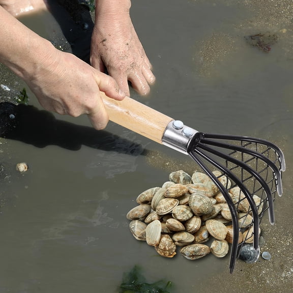 OUNONA Black Stainless Steel Clam Rake with Wooden Handle, 1Pc Seafood Dredging Tool for Efficient Shellfish Harvesting