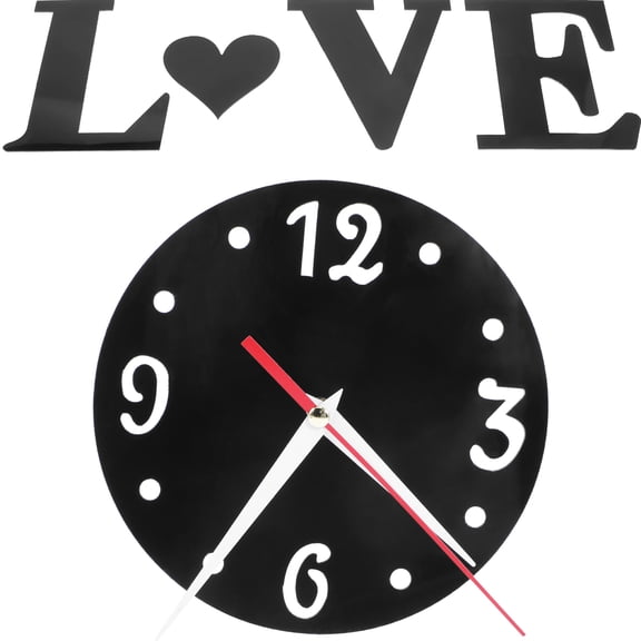 OUNONA 1Set Black Frameless Wall Clock Sticker with Mirror Effect and Love Heart DIY Design