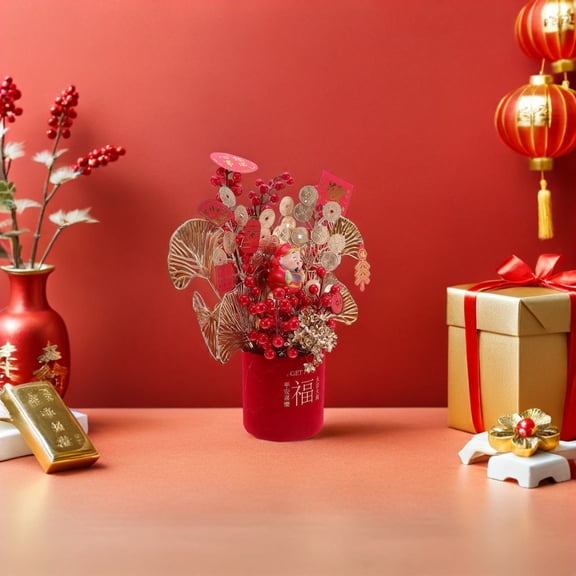 OUNONA Red Chinese New Year Potted Plant Set for Spring Festival Table Centerpiece