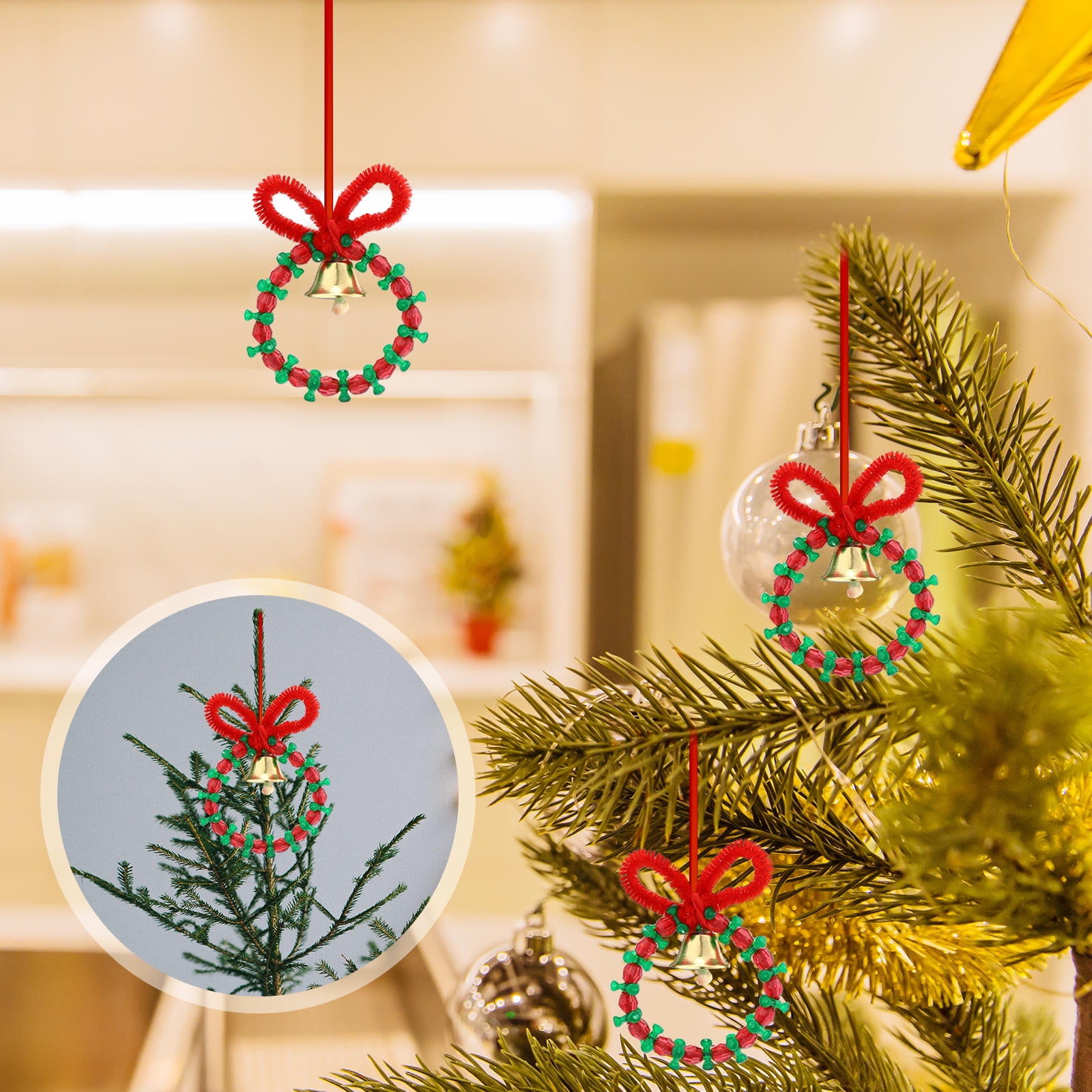 OUNONA Christmas Beaded Ornaments Assorted Color Plastic Beads Bells Twistable Rods DIY