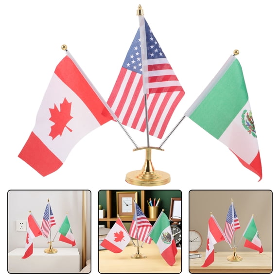 OUNONA 1Set American Mexico Canada Flag Tabletop Stand Stainless Steel Desk Flagpole for Office Decor