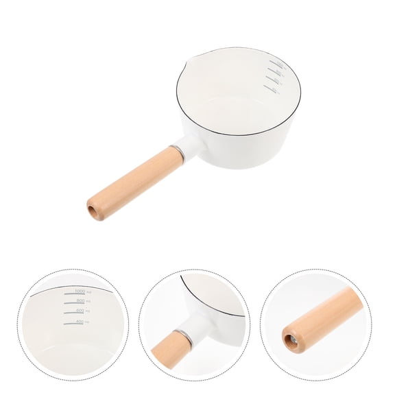Tineasur Portable White Enamel Saucepan with Wooden Handle for Boiling and Stewing