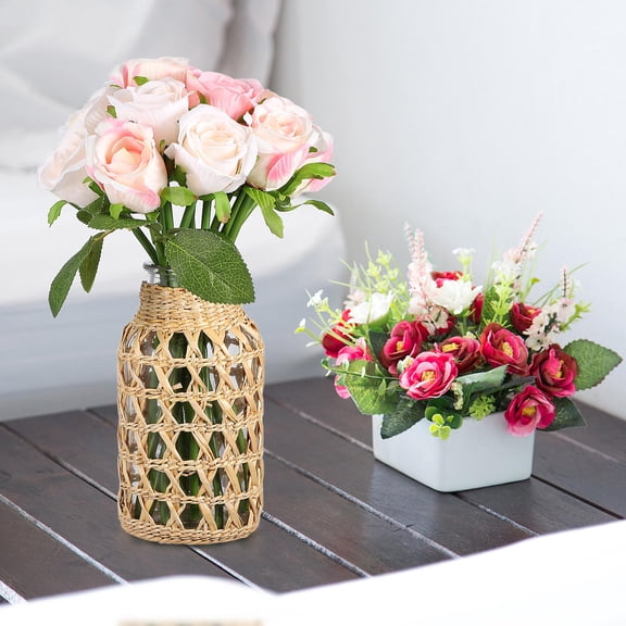 OUNONA Light Yellow  Woven Glass Vase Creative Desktop Adornment 1Pc