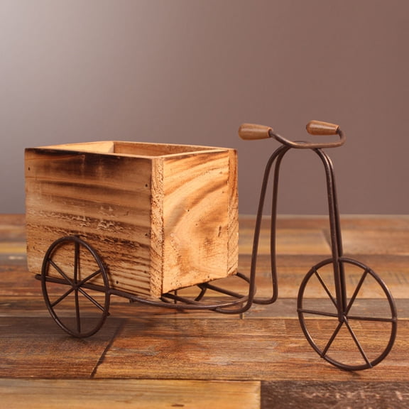 OUNONA 1Set Metal Bike Stand with Wood Planter Rustic Tricycle Plant Holder for Desktop Display
